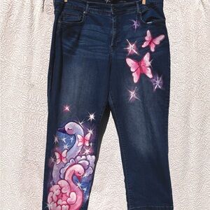 Women's Blue Jeans with Pink Butterfly Design and Swans